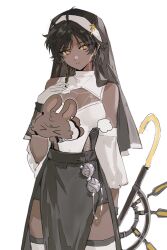1girl arknights bare_shoulders black_hair breasts closed_mouth commentary_request cowboy_shot dark-skinned_female dark_skin earrings expressionless genderswap genderswap_(mtf) highres jewelry large_breasts looking_at_viewer nun orange_eyes rabbit redbayberrywine simple_background solo standing thighhighs thorns_(arknights) white_background