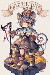 1girl ;) animal_ears backpack bag basket black_skirt black_socks bloomers blush boots brown_boots brown_gloves capelet closed_mouth coin commentary_request crown dowsing_rod full_body gloves grey_capelet grey_hair hand_on_own_hip highres holding holding_weapon jewelry key long_sleeves looking_at_viewer mame_komari mouse_(animal) mouse_ears mouse_girl mouse_tail nazrin nazrin_day necklace one_eye_closed pendant red_eyes red_ribbon ribbon ring shirt short_hair simple_background skirt smile socks solo standing tail thick_eyebrows touhou twitter_username underwear unworn_backpack unworn_bag weapon white_background white_bloomers white_shirt