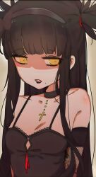 Rule 34 | 1girl, black hair, black lips, goth the girl and the jock, gothic lolita, highres, lolita fashion, long hair, ophelia (goth the girl and the jock), yellow eyes