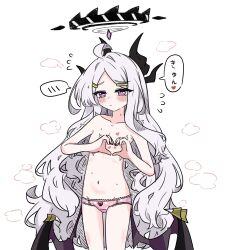 1girl ahoge blue_archive blush e_v_e_neko flat_chest halo heart heart-shaped_boob_challenge heart_hands highres hina_(blue_archive) horns loli long_hair panties pink_panties purple_eyes simple_background solo spoken_blush underwear very_long_hair white_background wings
