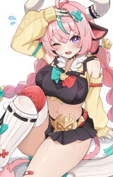 1girl ahoge animal_ears aqua_hair arm_up bare_shoulders black_skirt breasts crop_top detached_sleeves genshin_impact highres horns knee_up large_breasts long_sleeves microskirt midriff multicolored_hair navel one_eye_closed pink_hair pleated_skirt purple_eyes sitting skirt solo stomach streaked_hair thighs ura_(hamburg_oniku) varesa_(genshin_impact) white_background