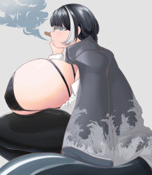 1girl 877iceman alcyone_(last_origin) bikini black_bikini black_hair black_jacket blue_eyes breasts breasts_on_lap cigarette female_focus gigantic_breasts glasses grey_background holding holding_cigarette huge_breasts jacket jacket_on_shoulders last_origin profile sideboob sitting smoke smoking solo swimsuit