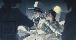 1boy 1girl 2others 8q_nookiba black_hair blood blood_on_face blue_eyes blue_shirt blurry blurry_foreground cape city commentary_request cowboy_shot dated_commentary depth_of_field facing_away floating_cape floating_clothes formal_clothes full_moon gloves hat highres jacket kaitou_kid kuroba_kaito long_hair looking_at_another looking_at_viewer magic_kaito monocle monocle_chain moon multiple_others nakamori_aoko necktie night pants pleated_skirt protecting red_necktie school_uniform shirt short_hair silhouette skirt suit top_hat white_cape white_gloves white_hat white_jacket white_pants white_suit wiping_blood wiping_face