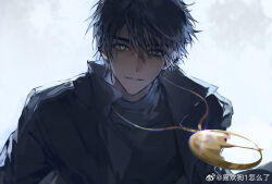 1boy black_coat black_hair black_skirt coat gold_medal highres medalist_(manga) moon short_hair skirt w4075051854196 yellow_eyes yodaka_jun
