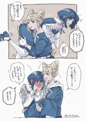 2girls blonde_hair blue_eyes blue_hair blue_jacket blue_shoes blush carrying carrying_person drill_hair embarrassed fingerless_gloves frilled_shirt frills fukurai_azami gloves hands_on_own_face highres ichi27ichi jacket multiple_girls open_mouth pantyhose shirt shoes short_hair speech_bubble sweat teeth toshi_densetsu_kaitai_center toshinou_kyouko twitter_username upper_body upper_teeth_only white_gloves white_pantyhose white_shirt