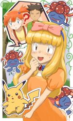 1boy 2boys :d ? ash_ketchum asymmetrical_hair black_hair blonde_hair blue_eyes blush bow brock_(pokemon) brown_eyes brown_hair closed_eyes crossdressing dress drooling gen_1_pokemon gloom hair_bow hair_ornament hairband highres long_hair makoto_(majime_5416) misty_(pokemon) multiple_boys navel nintendo open_mouth orange_dress orange_hair pikachu pink_bow pokemon pokemon_(anime) pokemon_(classic_anime) pokemon_rgby ponytail saliva shirt short_hair short_sleeves side_ponytail sleeping smile suspenders sweat sweatdrop tank_top tongue trap yellow_shirt yellow_tank_top