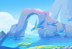 animal bird blue_sky cloud day fish flower flying_fish grass huhv. lily_pad no_humans ocean original outdoors pink_flower scenery sky solo water white_flower