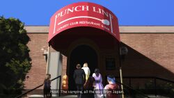 Rule 34 | 2boys, 4girls, brick wall, building, commentary, english commentary, english text, highres, lamp, multiple boys, multiple girls, photo-referenced, san francisco, sky, stairs, touhou, tree, yoruny