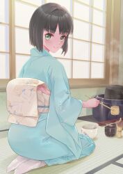 1girl absurdres alternate_costume black_hair blue_kimono blunt_bangs blunt_ends blush bob_cut bowl brown_sash c: chasen closed_mouth commentary_request floral_print floral_print_kimono full_body green_eyes hair_intakes highres indoors japanese_clothes kimono kobassy ladle link!_like!_love_live! looking_at_viewer looking_back love_live! momose_ginko obi obijime print_kimono sash seiza short_hair sitting smile socks solo steam tea_ceremony virtual_youtuber white_socks