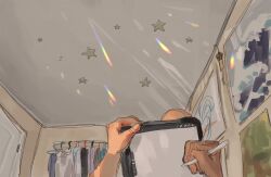 Rule 34 | apartment, artist self-insert, clothes hanger, clothes rack, door, fruiitlins, highres, holding, holding pen, holding tablet pc, lens flare, lying, on back, original, pen, poster (object), pov, pov hands, shirt, star (symbol), tablet pc, viewer self-insert