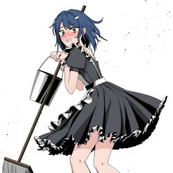 Rule 34 | @ @, absurdres, apron, beolkkulcheese, black dress, blue hair, blush, broom, dress, embarrassed, green eyes, hands up, hekate (hero killer), hero killer, highres, long hair, looking at viewer, maid apron, maid headdress, official art, simple background, tray, white background
