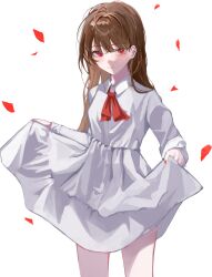 1girl absurdres bow bowtie brown_hair closed_mouth cowboy_shot dress falling_petals highres ib_(ib) ib_(kouri) long_hair looking_at_viewer oyasumisan01 petals red_bow red_bowtie red_eyes red_nails red_petals simple_background skirt_hold smile solo standing white_background white_dress
