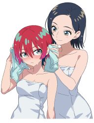 2girls after_bathing amate_yuzuriha aqua_eyes bare_shoulders behind_another black_hair blue_eyes blush breasts cleavage closed_mouth collarbone comoli_harcourt drying drying_another&#039;s_hair drying_hair forehead gundam gundam_gquuuuuux highres holding holding_towel kousuke0912 looking_at_another mole mole_under_eye multicolored_eyes multiple_girls naked_towel red_hair short_hair simple_background smile towel two-tone_eyes wet wet_hair white_background yellow_eyes
