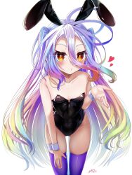 1girl alternate_costume alternate_hairstyle animal_ears bare_shoulders black_leotard blowing_kiss blue_hair blush breasts collarbone commentary eyelashes fake_animal_ears feet_out_of_frame floating_hair fusen_haru gluteal_fold gradient_hair green_hair groin hair_between_eyes hand_on_own_thigh hand_up heart highleg highleg_leotard highres leaning_forward leotard loli long_hair looking_at_viewer multicolored_hair no_game_no_life o3o pink_hair playboy_bunny puckered_lips purple_thighhighs rabbit_ears ringed_eyes shiro_(no_game_no_life) signature simple_background small_breasts solo standing strapless strapless_leotard thighhighs two_side_up very_long_hair white_background white_wrist_cuffs wrist_cuffs yellow_eyes