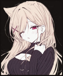 1girl absurdres animal_ear_fluff animal_ears artist_name black_border black_sweater blonde_hair border breasts cat_ears cleavage cleavage_cutout clothing_cutout commentary_request hair_ornament hair_over_one_eye hairclip hand_up highres kumo_tabetai large_breasts light_blush long_hair looking_at_viewer mosaic_background one_eye_closed open_mouth original red_eyes sleeves_past_wrists solo sweater turtleneck turtleneck_sweater upper_body x_hair_ornament