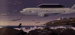 Rule 34 | absurdres, aircraft, airplane, awacs, c17 globemaster iii, cargo aircraft, cloud, commentary, english commentary, f-15 eagle, f-16 fighting falcon, fighter jet, flight suit, flying, highres, horizon, mig-29, mikecraftz, military, military vehicle, missile, mountain, no humans, pixel art, project wingman, purple sky, radar dish, scenery, sky, tower, transmission tower, vehicle focus