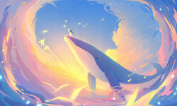 1girl animal animal_focus bird blue_sky cloud cloudy_sky dolphin flock flying_whale highres huhv. ocean original outdoors scenery sky solo star_(sky) sunlight sunset water waves whale