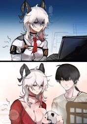 1boy 1girl 2koma ahoge baby before_and_after black_horns breastfeeding breasts closed_eyes comic gradient_background horns large_breasts long_hair medium_hair mole mole_on_breast no_bra red_shirt rover_(wuthering_waves) shirt tired_eyes white_hair white_shirt wuthering_waves yellow_eyes yuushiba zani_(wuthering_waves)