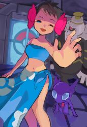 Rule 34 | 1girl, absurdres, bandeau, bare shoulders, black hair, blue bandeau, blue eyes, blue sarong, breasts, brown hair, dark-skinned female, dark skin, dusknoir, floral print, flower, gen 3 pokemon, gen 4 pokemon, hair flower, hair ornament, highres, looking at viewer, navel, nintendo, one eye closed, open mouth, phoebe (pokemon), pokemon, pokemon (creature), pokemon rse, print sarong, rasoso (wyzx4524), sableye, sarong, short hair, smile, strapless