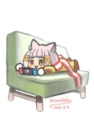1girl :d animal_ear_fluff animal_ears blush_stickers bodysuit brown_bodysuit brown_eyes chibi couch dated gloves grey_hair hair_ribbon highres lying manabeku nia_(xenoblade) nintendo_switch on_couch on_stomach open_mouth red_shoes ribbon scarf shoes signature simple_background smile solo striped_clothes striped_scarf v-shaped_eyebrows white_background white_gloves xenoblade_chronicles_(series) xenoblade_chronicles_2 yellow_ribbon