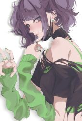 1girl absurdres bent_v black_mask black_shirt camisole crop_top earrings fingernails green_arm_warmers green_camisole highres idolmaster idolmaster_shiny_colors jewelry looking_at_viewer mask mask_pull mouth_mask nail_polish naruse_chika purple_eyes purple_hair ring shirt simple_background solo stud_earrings tanaka_mamimi torn_clothes torn_shirt twintails upper_body v white_background