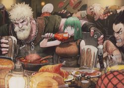 1girl 4boys ^_^ alcohol armor axe_(navigavi) bald bandaged_arm bandages beard beer beer_mug black_gloves blonde_hair blood blood_on_face blunt_bangs bread breasts chain chicken_(food) chicken_leg clenched_hand clenched_teeth closed_eyes cup earrings eating facial_hair feast fingerless_gloves food gloves green_eyes green_hair grin ham highres indoors jewelry jun_(navigavi) lantern long_hair manly meat mug multiple_boys open_mouth original pancake plate salt_shaker sitting sleeveless smile soup spiked_hair spoon stew teeth thick_eyebrows weapon weapon_on_back