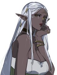 1girl bracelet breasts choker cithis cleavage dark-skinned_female dark_elf dark_skin dungeon_meshi elf facial_mark forehead_mark grey_hair hair_tubes highres jewelry large_breasts long_hair looking_at_viewer notched_ear oejikim pointy_ears red_lips ring simple_background solo strapless white_background yellow_eyes