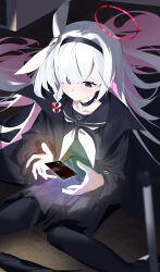 Rule 34 | 1girl, absurdres, black choker, black eyes, black jacket, black pantyhose, black sailor collar, black shirt, black shoes, black skirt, blue archive, blush, braid, chinese commentary, choker, closed mouth, colored inner hair, commentary, credit card, highres, jacket, multi-source commentary, multicolored hair, neckerchief, pantyhose, pink hair, plana (blue archive), sailor collar, shirt, shoes, single braid, sitting, skirt, smile, solo, two-tone hair, wako (1194433260), wariza, white hair, white neckerchief