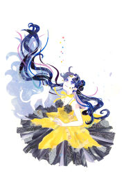 1girl absurdres artemis_(sailor_moon) bare_arms bishoujo_senshi_sailor_moon bow bow_choker cat choker commentary_request crescent crescent_earrings crescent_necklace dot_nose dress earrings eyelashes floating_hair hair_bun highres jewelry light_smile long_hair looking_up luna_(sailor_moon) luna_(sailor_moon)_(human) masking_tape_(medium) mixed_media necklace purple_eyes purple_hair ribbon ryono sleeveless sleeveless_dress solo star_(symbol) traditional_media unconventional_media upper_body very_long_hair white_background yellow_bow yellow_dress yellow_ribbon