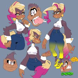 1boy 1girl blonde_hair blood blue_background blush donkey_kong donkey_kong_(series) donkey_kong_bananza earrings full_body glasses gorilla high_heels jewelry lemuzaurio monkey multicolored_hair multiple_views nail_polish necktie nintendo nosebleed open_mouth pants pink_hair pink_nails saliva semi-rimless_eyewear smile streaked_hair tongue tongue_out unworn_eyewear yellow_eyes