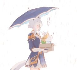 1girl animal_ears blue_dress blue_eyes box bun_with_braided_base chamomile_(kazumasa) commentary dress epaulettes fox_ears fox_girl fox_tail from_side highres holding holding_box holding_umbrella hololive official_alternate_costume profile rain shirakami_fubuki shirakami_fubuki_(fbkingdom) simple_background smile solo symbol-only_commentary tail translation_request umbrella virtual_youtuber white_background white_hair