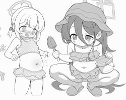 2girls :o aged_down aris_(blue_archive) belly bikini blue_archive bucket_hat closed_mouth cowboy_shot dot_mouth frilled_bikini frills greyscale hair_between_eyes halo hat highres ketsu_juuji_killer_(kejuki) loli long_hair long_hair_between_eyes low_twintails momoi_(blue_archive) monochrome multiple_girls outie_navel rectangular_halo squatting striped_blush swimsuit twintails very_long_hair