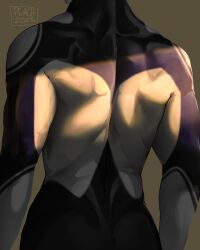 1boy arms_at_sides artist_name back back_focus colored_skin dated from_behind grey_background head_out_of_frame highres male_focus multicolored_skin peach-cup purple_skin shin_ultraman signature simple_background solo standing two-tone_skin ultra_series upper_body white_skin zoffy_(shin)