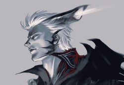 1boy collared_shirt commentary demon_boy demon_horns devil_may_cry_(series) devil_may_cry_5 devil_trigger grey_background greyscale hair_slicked_back hashtag-only_commentary horns looking_ahead male_focus monochrome popped_collar profile shirt short_hair solo suduo_2002 upper_body vergil_(devil_may_cry)