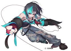 1girl absurdres alternate_costume belt black_belt black_hair black_jacket black_shoes black_tank_top blue_hair blue_jacket blue_pants colored_inner_hair commentary_request copyright_notice denim fingerless_gloves flame_print full_body gloves grin highleg highres holding holding_microphone hololive hololive_dev_is jacket jeans jewelry medium_hair microphone multicolored_hair necklace official_alternate_costume official_art pants panty_straps purple_hair red_eyes red_gloves rindo_chihaya sauce_darusungi shoes simple_background smile solo streaked_hair swimsuit tank_top torn_clothes torn_jeans torn_pants two-sided_fabric two-sided_jacket virtual_youtuber wallet_chain white_background white_hair