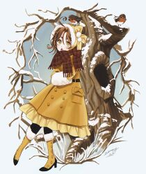 Rule 34 | 1girl, absurdres, ahoge, animal, animal on head, bare tree, bird, bird on head, boots, bow, brown hair, coat, coat dress, dress, eyelashes, freckles, frills, full body, fur-trimmed hood, fur trim, high heel boots, high heels, highres, hood, hooded coat, muff, on head, open mouth, original, pale skin, pigeon-toed, plaid clothes, plaid scarf, scarf, snow, solo, star-shaped pupils, star (symbol), symbol-shaped pupils, tree, winter, wormy owo, yellow boots, yellow bow, yellow coat, yellow dress, yellow eyes
