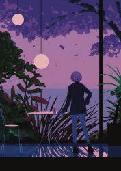 1girl absurdres arimura_mao black_jacket chair cup evening facing_away falling_petals from_behind full_body gakuen_idolmaster highres idolmaster jacket lamp pants petals pink_hair plant purple_background purple_sky sakutaro_(39ar_39ca) shoes short_hair sky solo standing table tree