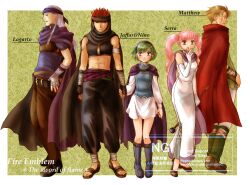 2girls 3boys black_cape blue_eyes blue_headband cape dark-skinned_male dark_skin dress elbow_gloves fire_emblem fire_emblem:_the_blazing_blade full_body gloves headband highres holding_hands jaffar_(fire_emblem) legault_(fire_emblem) looking_at_another looking_at_viewer matthew_(fire_emblem) multiple_boys multiple_girls nino_(fire_emblem) nintendo pink_hair purple_eyes red_cape sandals serra_(fire_emblem) twintails usachu_now white_dress