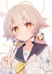 1girl absurdres black_sailor_collar blue_archive blush brown_hair closed_mouth e-note halo hifumi_(blue_archive) highres long_hair long_sleeves looking_at_viewer low_twintails ribbon sailor_collar smile solo twintails v yellow_eyes yellow_ribbon