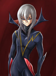 00s 1boy bad_id bad_pixiv_id blue_eyes bodysuit casshern_(series) casshern_sins dio grey_hair long_hair looking_at_viewer male_focus mokking scar scar_across_eye scar_on_face skin_tight solo