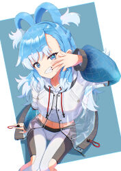 1girl absurdres arm_support bike_shorts blue_eyes blue_hair blue_sleeves braid cheek_pull colored_tips commentary cropped_hoodie feet_out_of_frame from_above grey_shorts half_up_braid high_ponytail highres hololive hololive_indonesia hood hoodie invisible_chair jacket kobo_kanaeru kobo_kanaeru_(1st_costume) long_hair long_sleeves looking_at_viewer mocchan_(mo_chan0225) mouth_pull multicolored_hair pants ponytail puffy_long_sleeves puffy_sleeves ringed_eyes see-through_clothes see-through_jacket shorts sitting solo split_ponytail tight_clothes tight_pants two-tone_hair virtual_youtuber wavy_hair white_hair white_hoodie white_pants