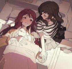 Rule 34 | 2girls, bed, black skirt, blush, brown hair, from above, hano9789, highres, holding hands, idolmaster, idolmaster million live!, kitazawa shiho, light particles, long hair, looking at another, multiple girls, pajamas, parted lips, pillow, purple eyes, purple hair, shirt, short sleeves, skirt, striped clothes, striped shirt, sweat, tanaka kotoha, under covers, white shirt, yellow shirt, yuri