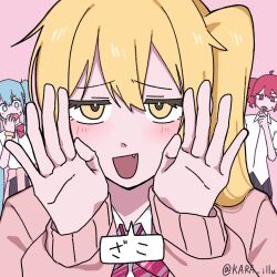 3girls akita_neru aqua_hair blonde_hair cardigan drill_hair gyaru hatsune_miku highres jitome kara_illu kasane_teto kogal long_hair long_sleeves looking_at_viewer multiple_girls pink_background pink_cardigan red_hair school_uniform side_ponytail simple_background speech_bubble sweatdrop translated triple_ryuunen twin_drills twintails twitter_username utau vocaloid zako_(vocaloid)