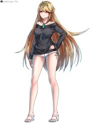 Rule 34 | 1girl, absurdres, alternate costume, bare shoulders, black sweater, blonde hair, breasts, chest jewel, core crystal (xenoblade), full body, highres, large breasts, long hair, looking at viewer, mythra (xenoblade), off-shoulder sweater, off shoulder, riro (breakthrough rr), shorts, simple background, smile, solo, sweater, tiara, very long hair, white background, white shorts, xenoblade chronicles (series), xenoblade chronicles 2, yellow eyes