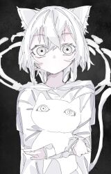 Rule 34 | 1girl, absurdres, animal, animal ear fluff, animal ears, black bow, bow, cat, cat ears, cat girl, cat tail, colored skin, commentary request, crossed bangs, hair between eyes, highres, holding, holding animal, holding cat, hood, hoodie, long sleeves, looking at viewer, no mouth, personification, raised eyebrows, scp-040-jp, scp foundation, short hair, sketch, tail, tepepepe, white eyes, white hoodie, white skin, white tail