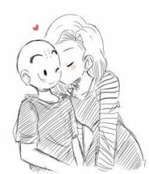 1boy 1girl android_18 bald bald_male black_eyes blush couple dragon_ball happy heart husband_and_wife kiss kuririn smile white_background