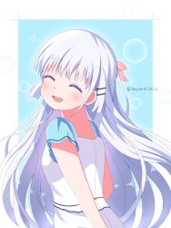 Rule 34 | 1girl, :d, ^ ^, absurdres, arms at sides, blue background, blunt ends, blush, border, closed eyes, commentary, dress, eyelashes, facing viewer, floating hair, from side, hair behind ear, hair between eyes, hair ornament, hair ribbon, hairclip, happy, highres, long hair, namakemono (lazysloth2022), naruse shiroha, open mouth, outside border, parallel hairclips, pink ribbon, ribbon, short sleeves, sidelocks, simple background, smile, solo, straight hair, summer pockets, twitter username, very long hair, white border, white dress, white hair
