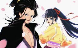Rule 34 | 2boys, androgynous, black coat, black eyes, black gloves, blue eyes, blunt bangs, bright pupils, brothers, chonmage, closed mouth, coat, collarbone, eyelashes, falling petals, floral print, floral print kimono, gloves, hair ribbon, highres, izou (one piece), japanese clothes, kikunojo (one piece), kimono, lipstick, long hair, makeup, male focus, multiple boys, obi, obijime, one piece, parted lips, pectoral cleavage, pectorals, petals, pink kimono, pink sash, ponytail, print kimono, red lips, red ribbon, ribbon, sash, scar, scar across eye, scar on face, short sleeves, siblings, smile, solo, teeth, topknot, trap, upper body, upper teeth only, vamos mk, white pupils, yellow kimono