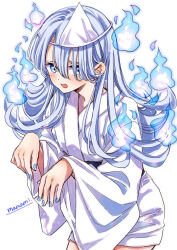 1girl artist_name black_sash blue_eyes blue_fire blue_hair blue_nails blush commentary_request cowboy_shot fire ghost ghost_pose hair_over_one_eye hitodama japanese_clothes kimono long_hair long_sleeves looking_at_viewer nail_polish obi open_mouth original sash short_kimono signature simple_background solo sugano_manami triangular_headpiece white_background white_kimono white_sleeves