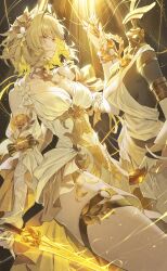 1girl aglaea_(honkai:_star_rail) ancient_greek_clothes breasts cleavage commentary_request dress greco-roman_clothes green_eyes highres holding holding_sword holding_weapon honkai:_star_rail honkai_(series) large_breasts laurel_crown mannequin nail_polish netural short_hair solo sword thigh_strap thighs weapon white_dress